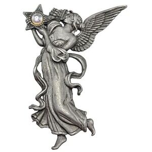 Jonette Vintage Angel Brooch Pewter Star‎ Pearl Celestial Pin Broken Wing VTG